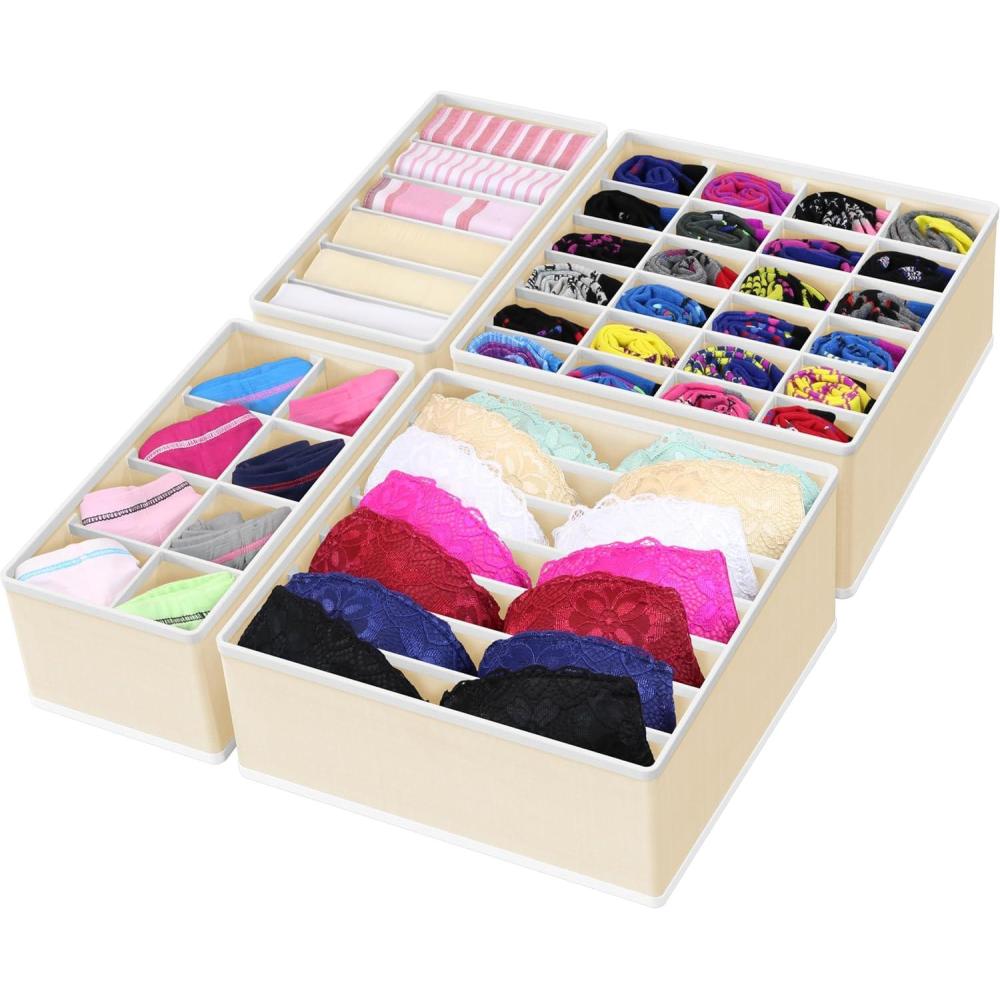imageSimple Houseware 4Pack Drawer Organizer Set  Closet Dividers for Underwear Socks Bras Scarves Ties  Foldable NonWoven Storage Boxes GrayBeige