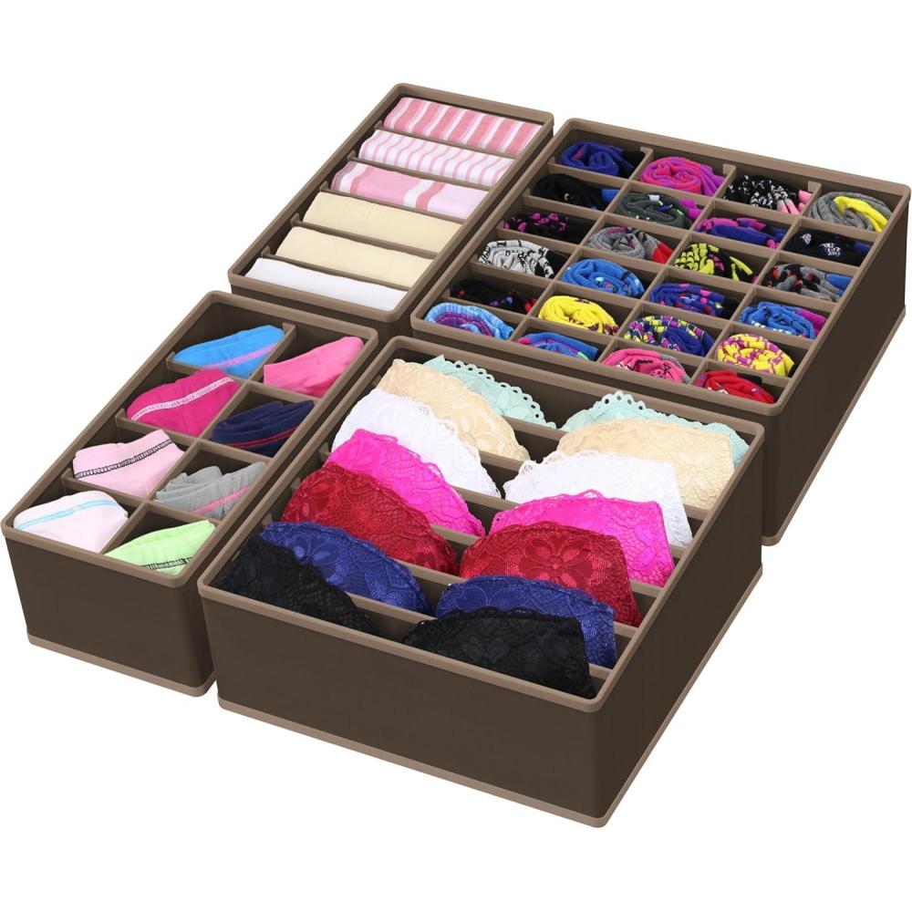 imageSimple Houseware 4Pack Drawer Organizer Set  Closet Dividers for Underwear Socks Bras Scarves Ties  Foldable NonWoven Storage Boxes GrayBrown