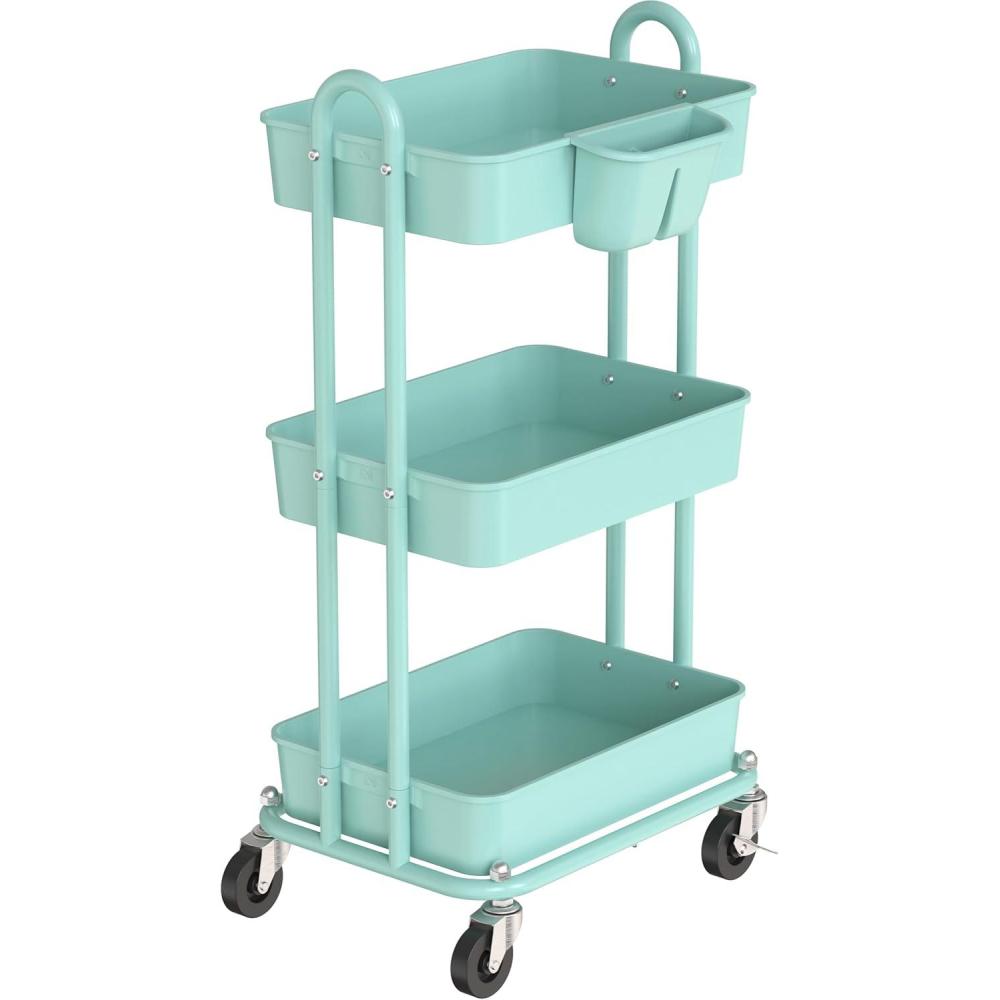 imageSimple Houseware 4Tier Multifunctional Rolling Utility Cart with Hanging Buckets WhiteTurqoise