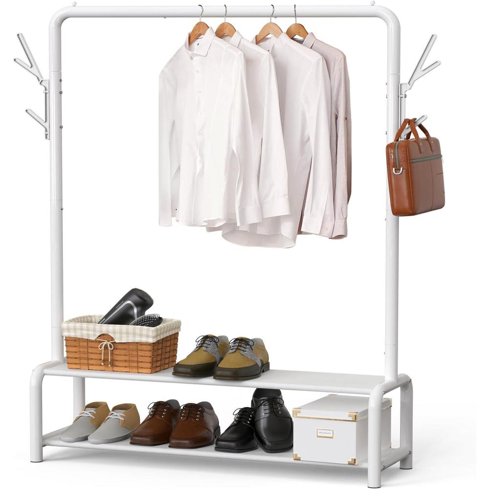 imageSimple Houseware 52Inch Freestanding Closet Garment Rack with Storage Shelves and CoatHat Hooks BlackWhite