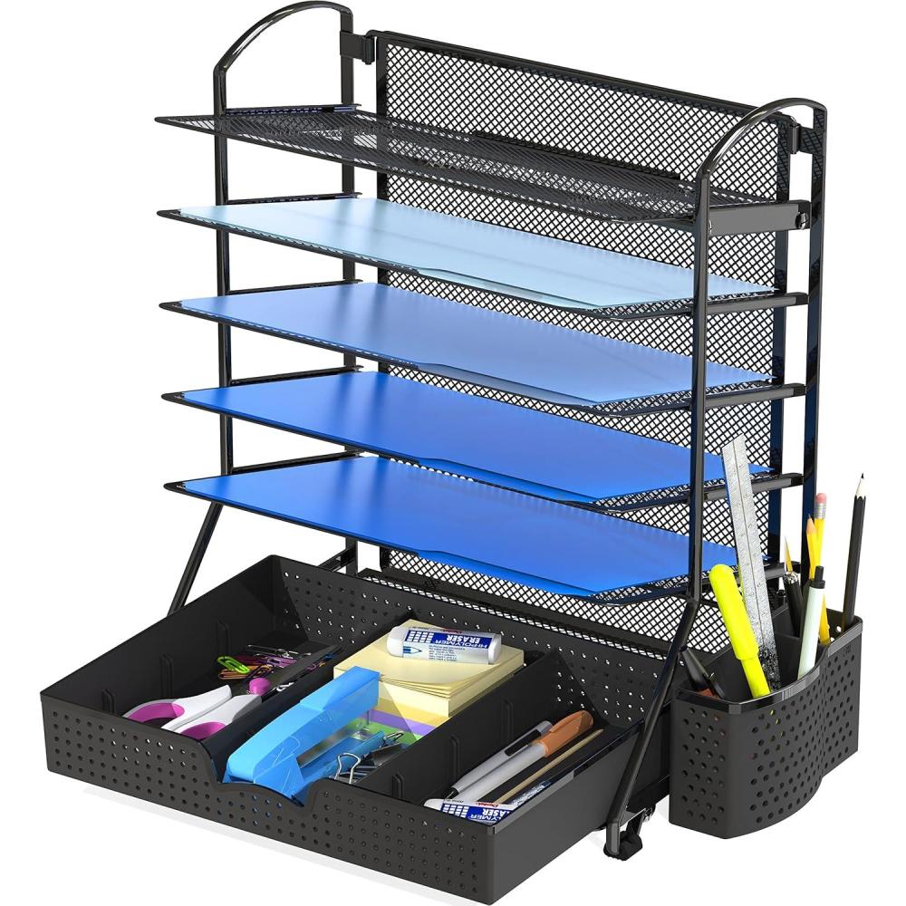 imageSimple Houseware 6Tier Desk Document File Tray Organizer with Supplies Sliding Drawer BlackBlack