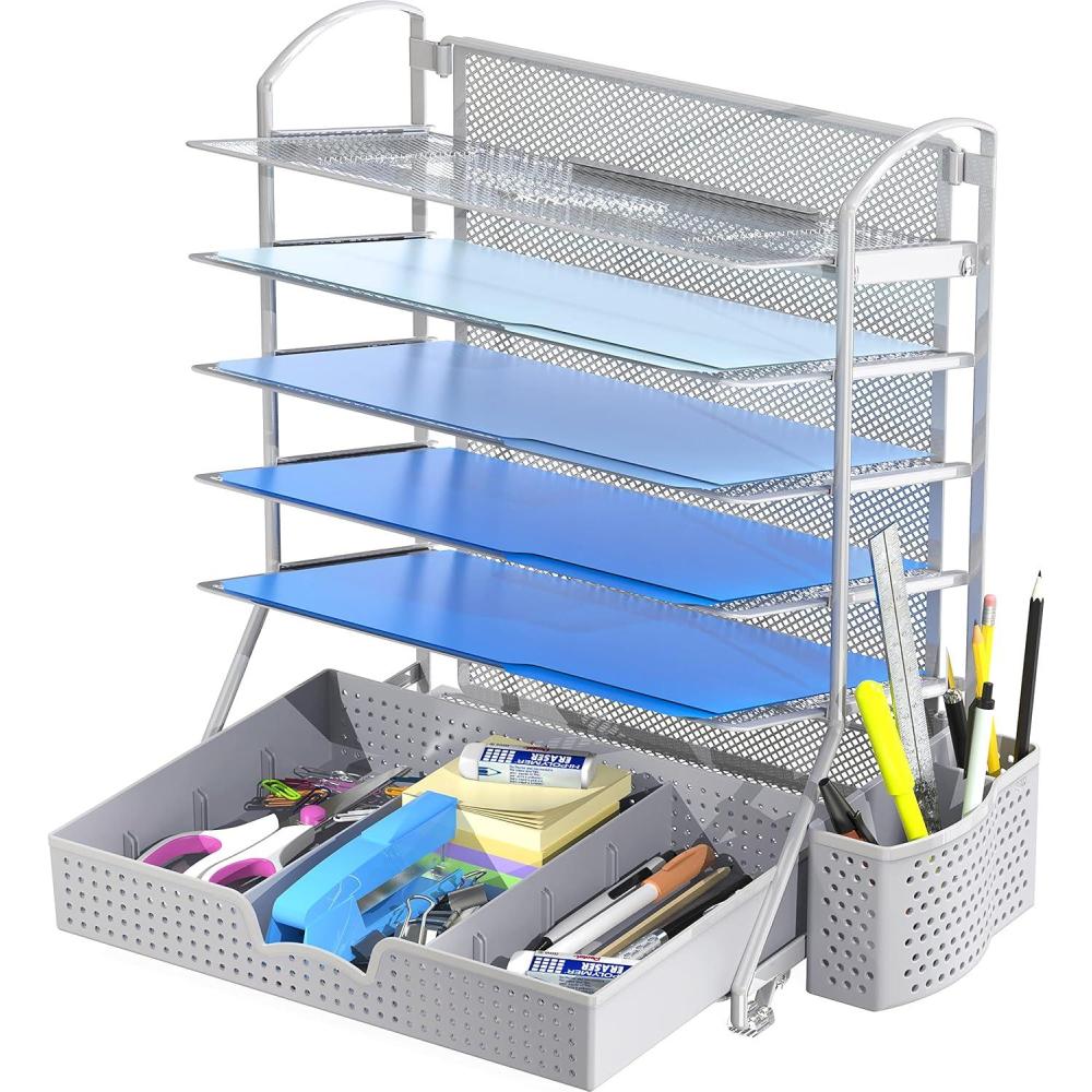imageSimple Houseware 6Tier Desk Document File Tray Organizer with Supplies Sliding Drawer BlackSilver
