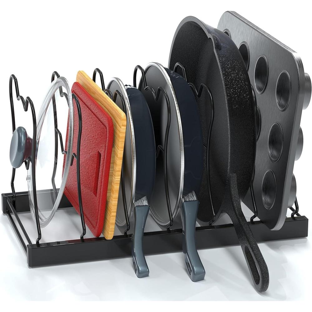 imageSimple Houseware 7 Adjustable Compartments Pot and Pan Organizer Rack Lid Holder ChromeBlack