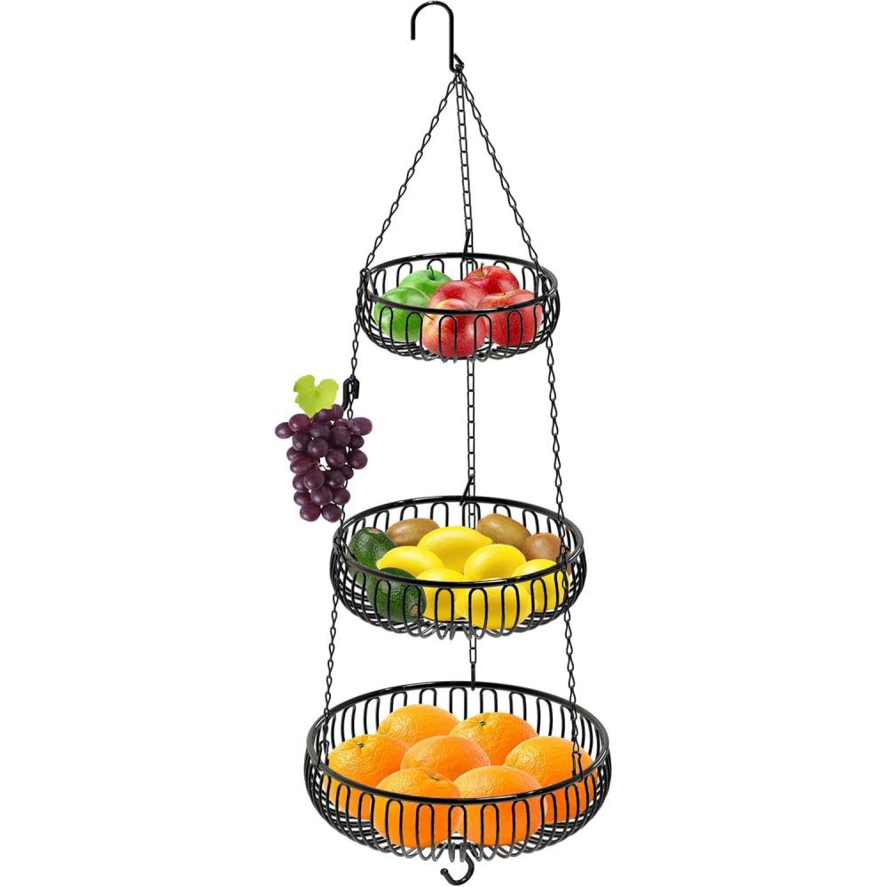 imageSimple Houseware Adjustable Metal Hanging Fruit Basket Oblate Black 11quot W x 11quot L x 30quot HBlack