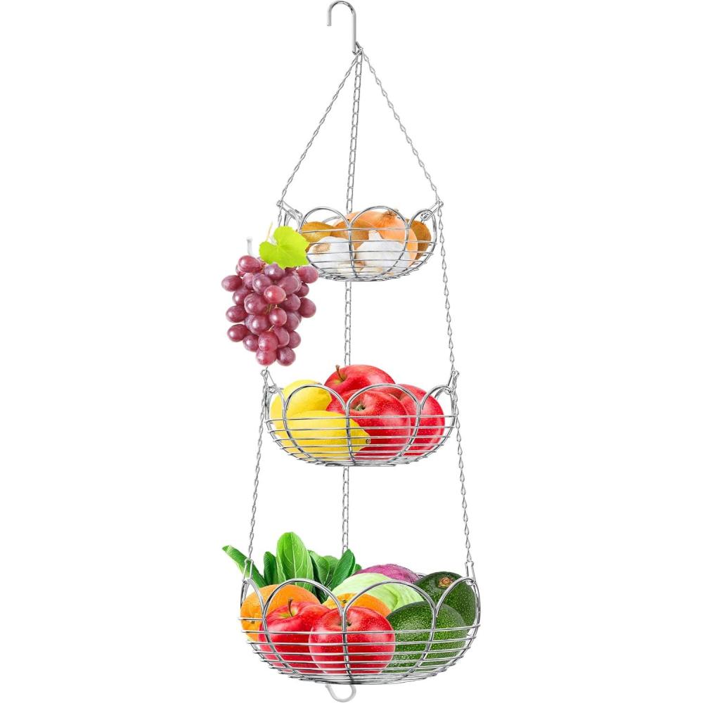 imageSimple Houseware Adjustable Metal Hanging Fruit Basket Oblate Black 11quot W x 11quot L x 30quot HChrome