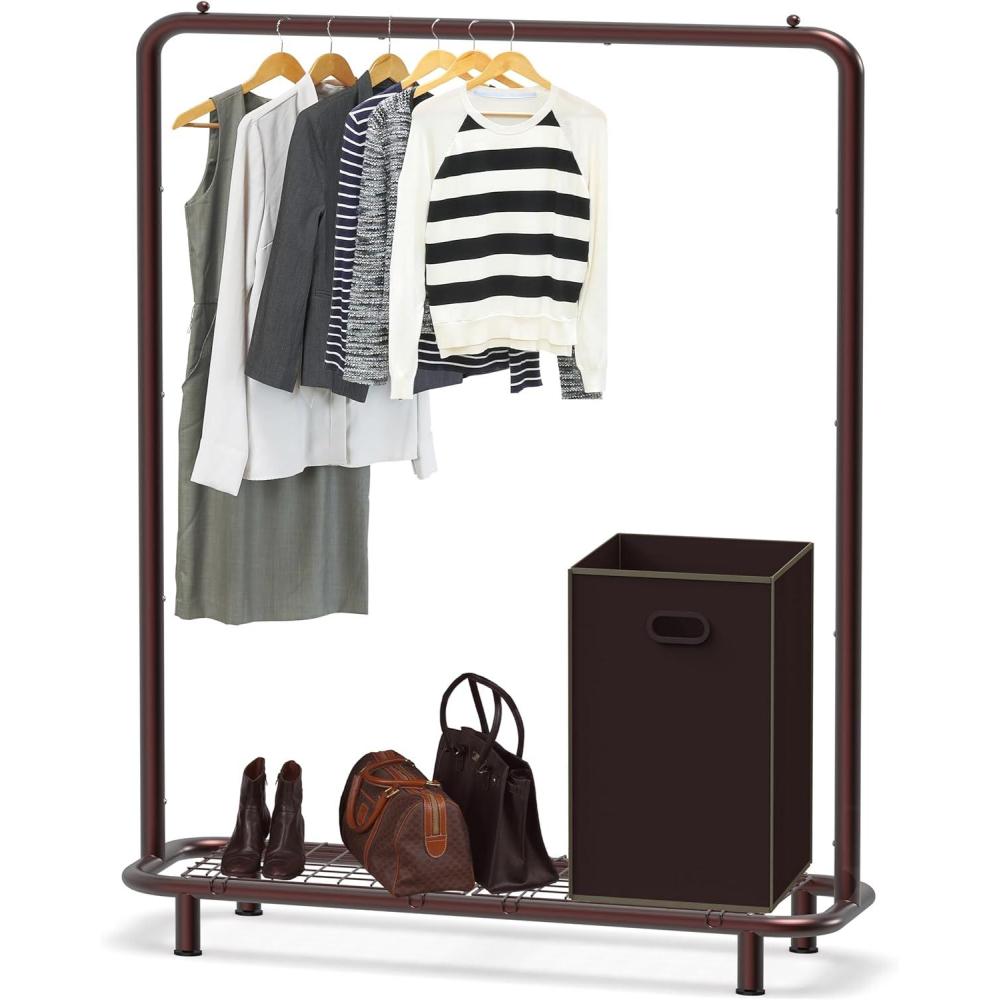 imageSimple Houseware Double Rod Clothing Garment Rack with Bottom Shelves WhiteBronze