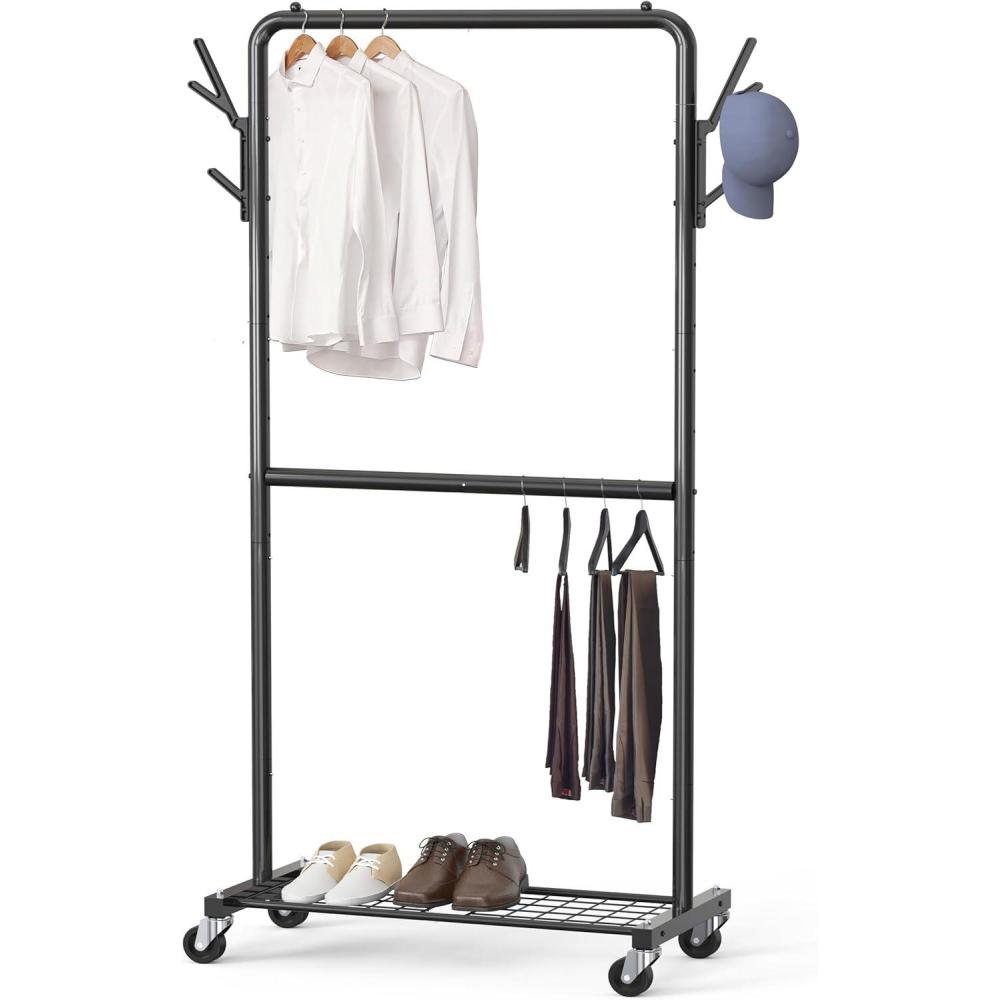 imageSimple Houseware Double Rod Garment Rack with Wheels and Hooks Black