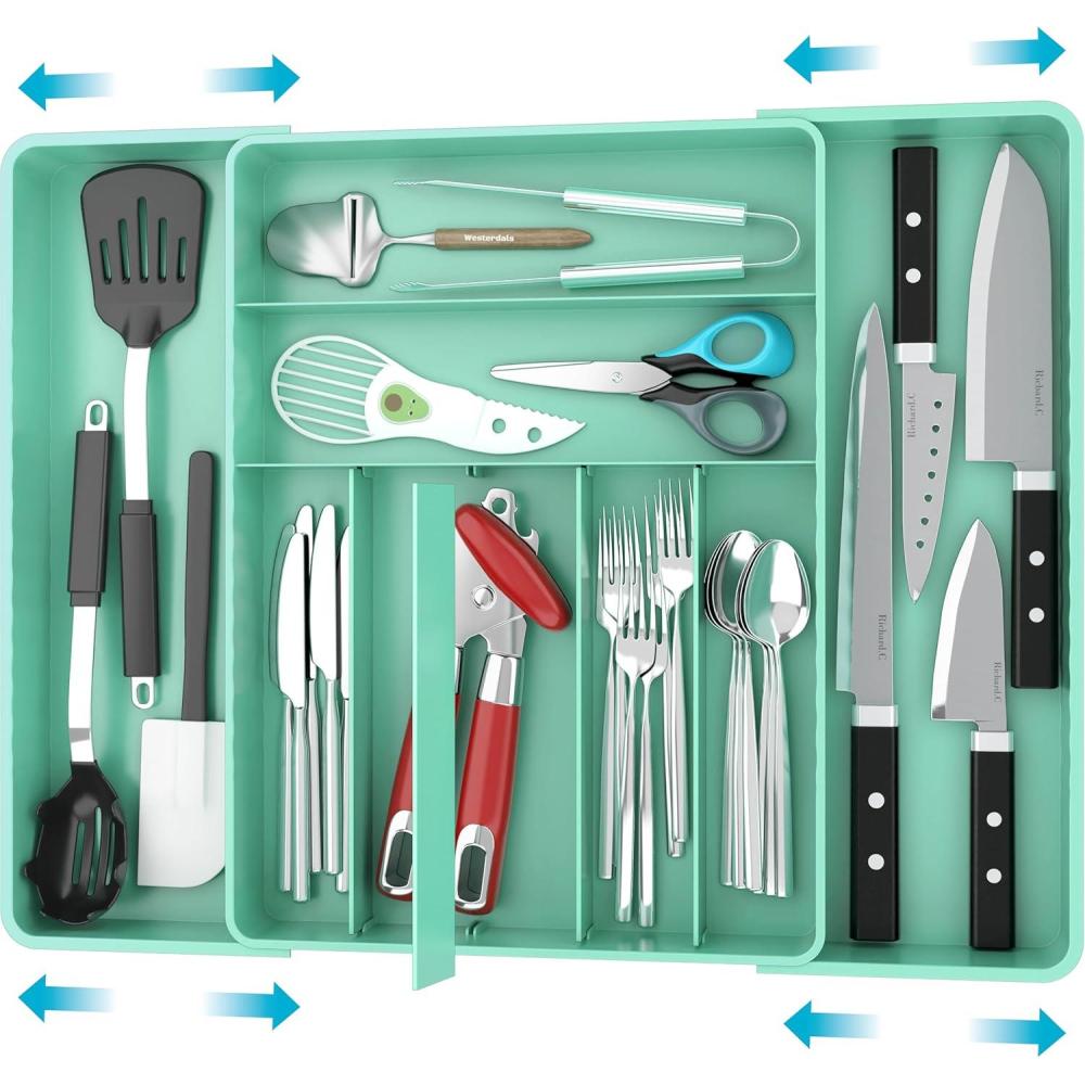 imageSimple Houseware Expandable Kitchen Drawer Flatware Organizer BlackGrayTurquoise