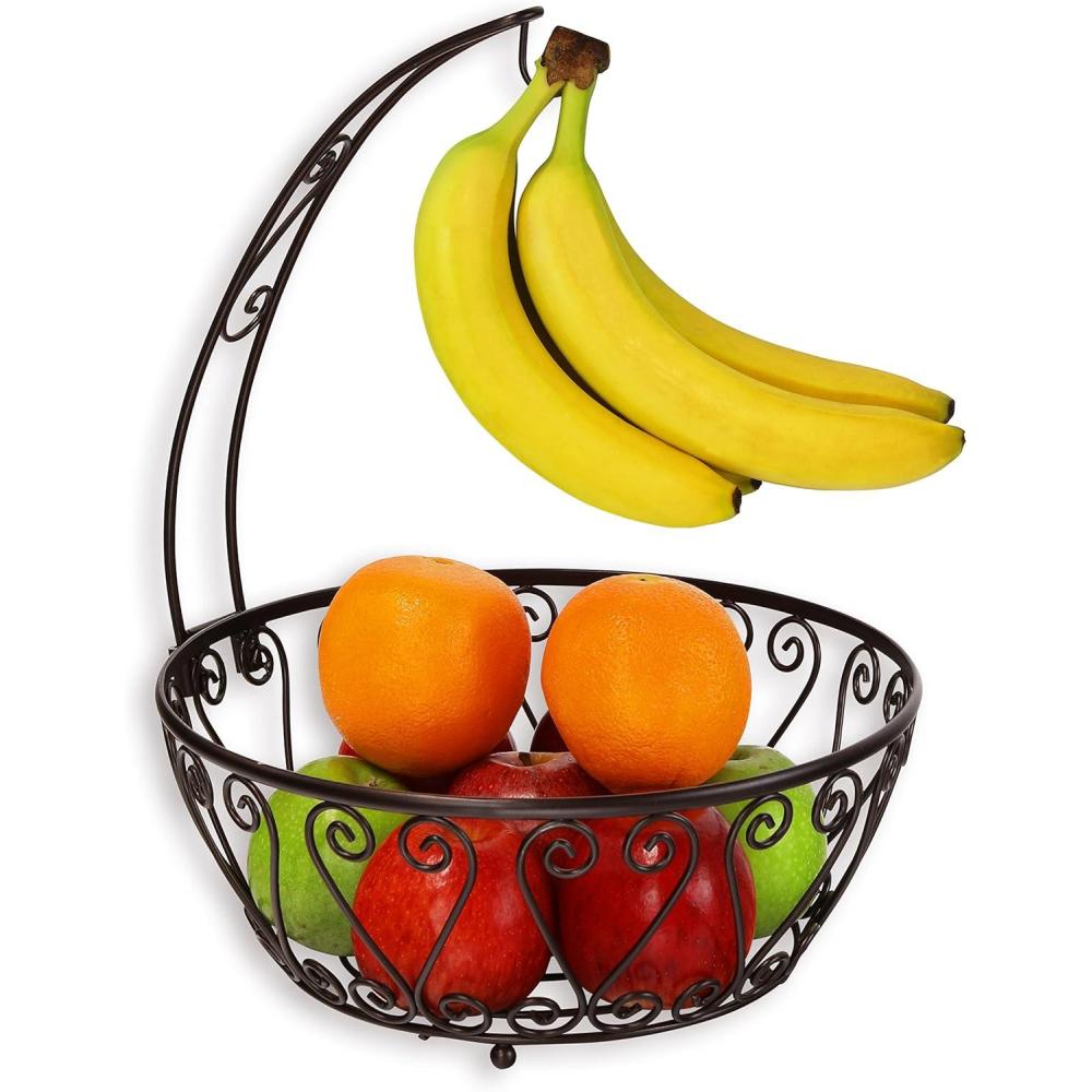 imageSimple Houseware Fruit Basket Bowl with Banana Tree Hanger Chrome FinishBronze