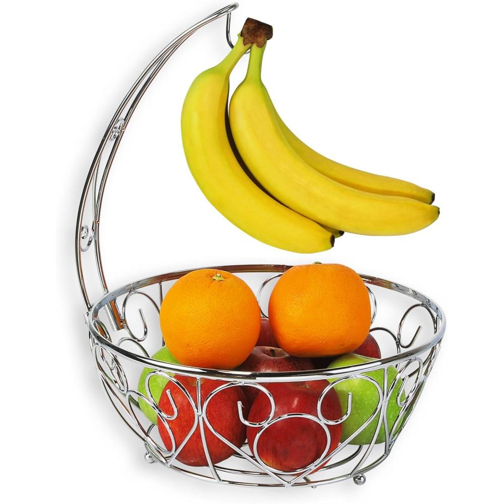 imageSimple Houseware Fruit Basket Bowl with Banana Tree Hanger Chrome FinishChrome
