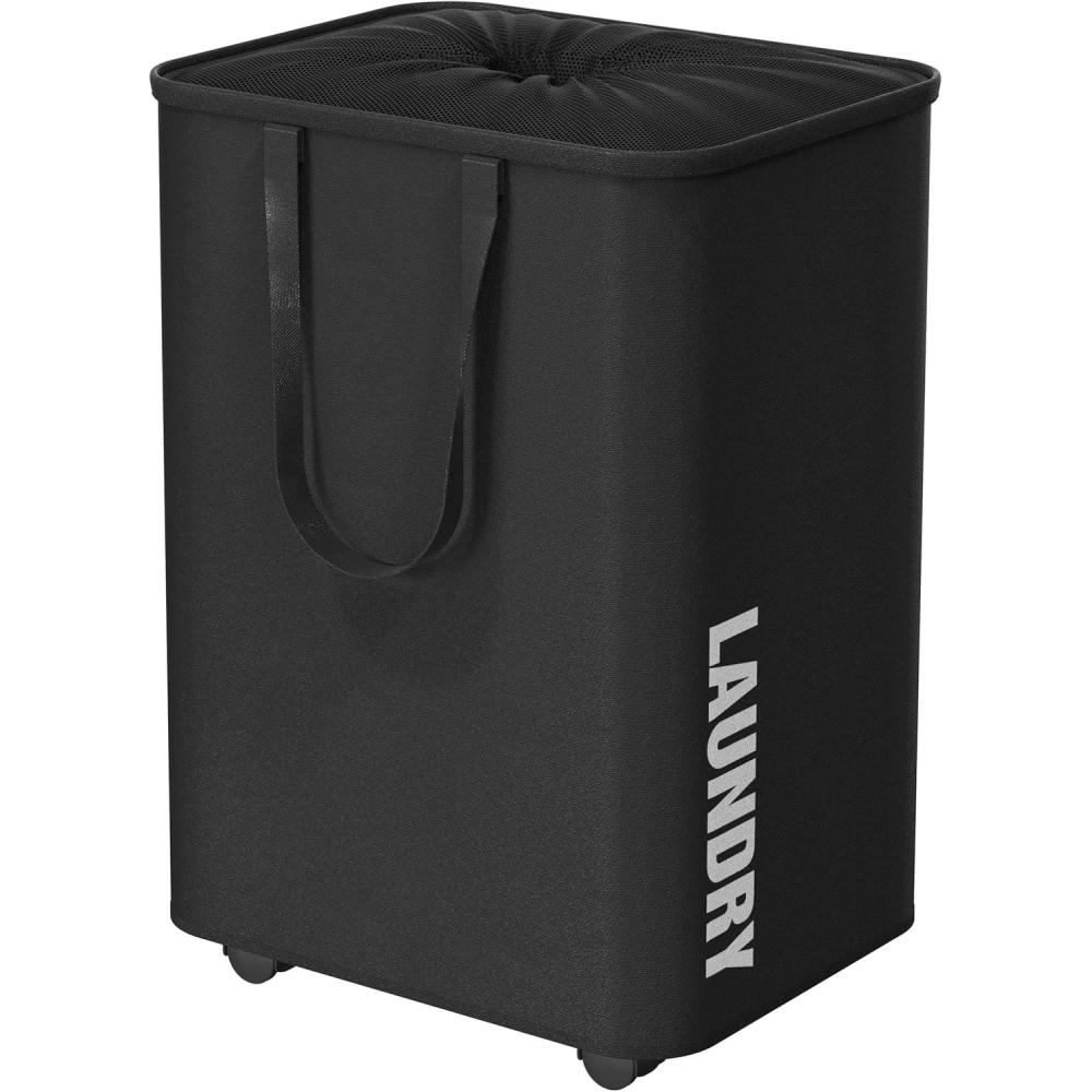 imageSimple Houseware Large 82L Laundry Basket with Wheels Collapsible Fabric Hamper with Handles BlackBlack