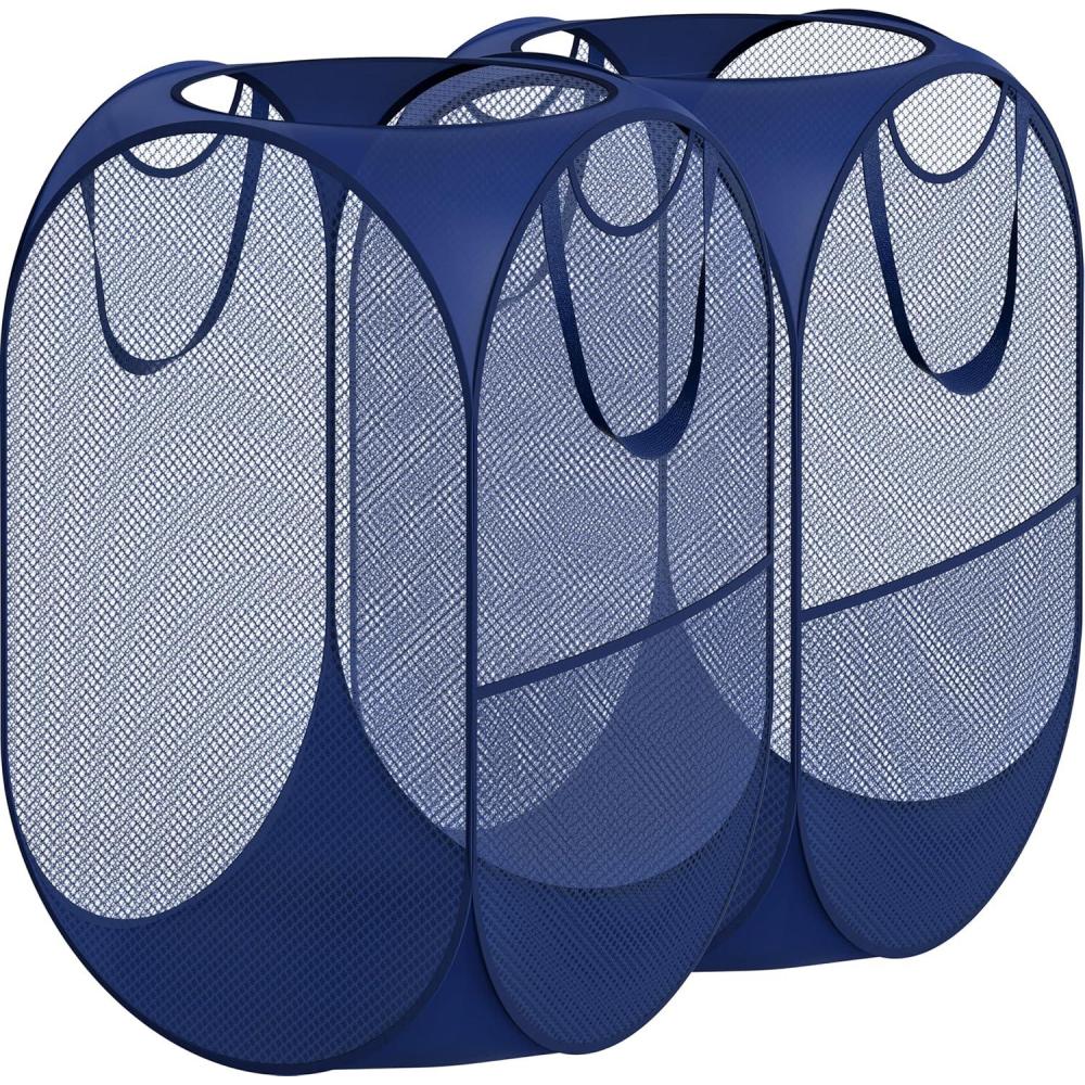 imageSimple Houseware Mesh PopUp Laundry Hamper Basket with Side Pocket Black  2 PackDark Blue