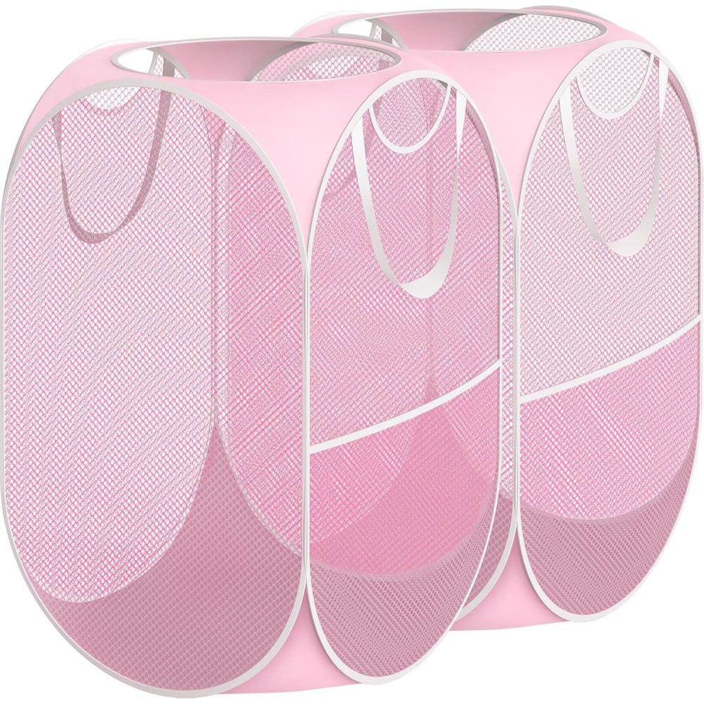 imageSimple Houseware Mesh PopUp Laundry Hamper Basket with Side Pocket Black  2 PackPink