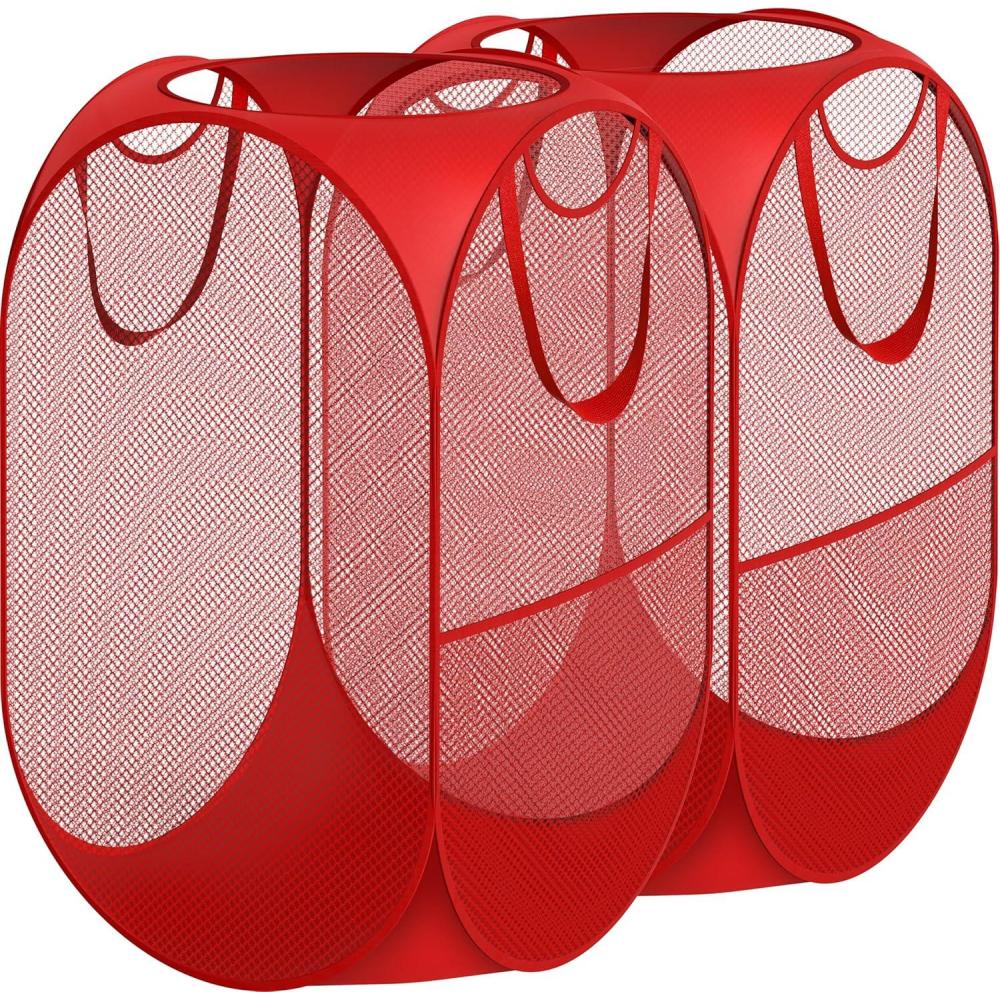 imageSimple Houseware Mesh PopUp Laundry Hamper Basket with Side Pocket Black  2 PackRed