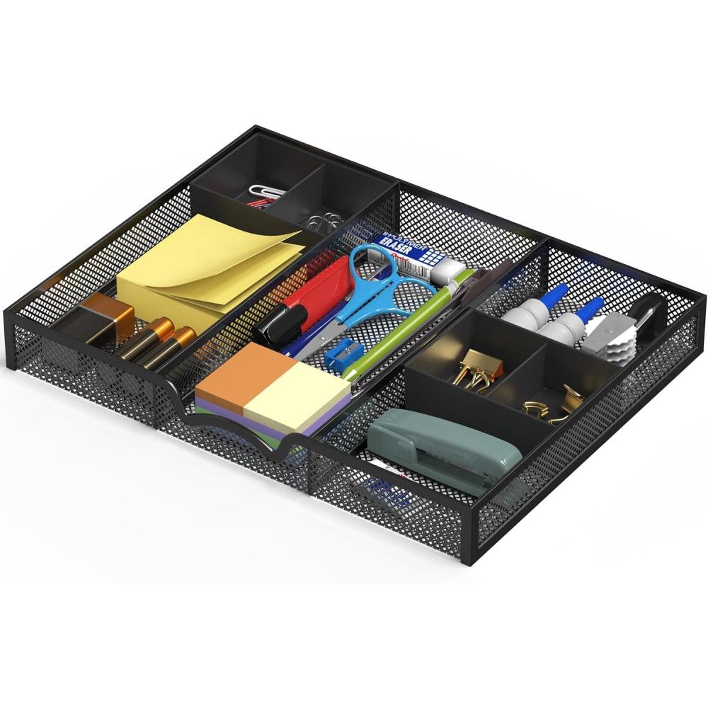 imageSimple Houseware Metal Drawer Organizer Tray with 2 Removable Compartments Bins Black