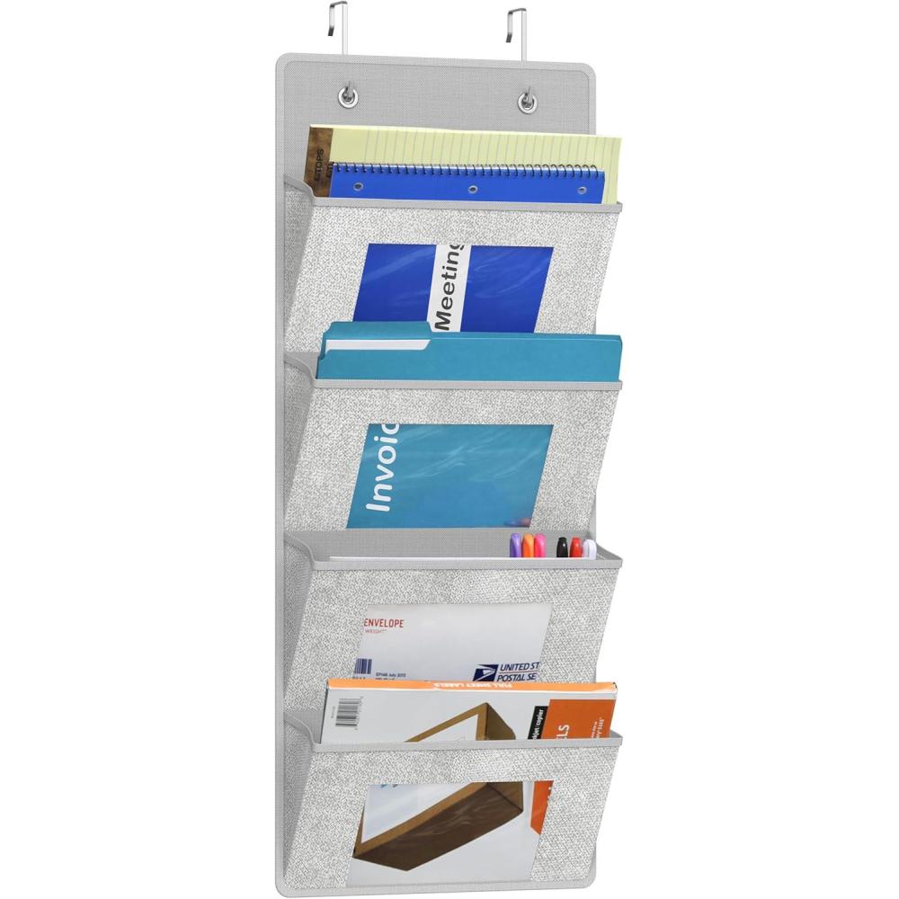 imageSimple Houseware Over the Door Hanging Wall File Organizer 4 Clear Window Pocket File Holder with 13quot Width for Office Supplies Storage GreyClear Window