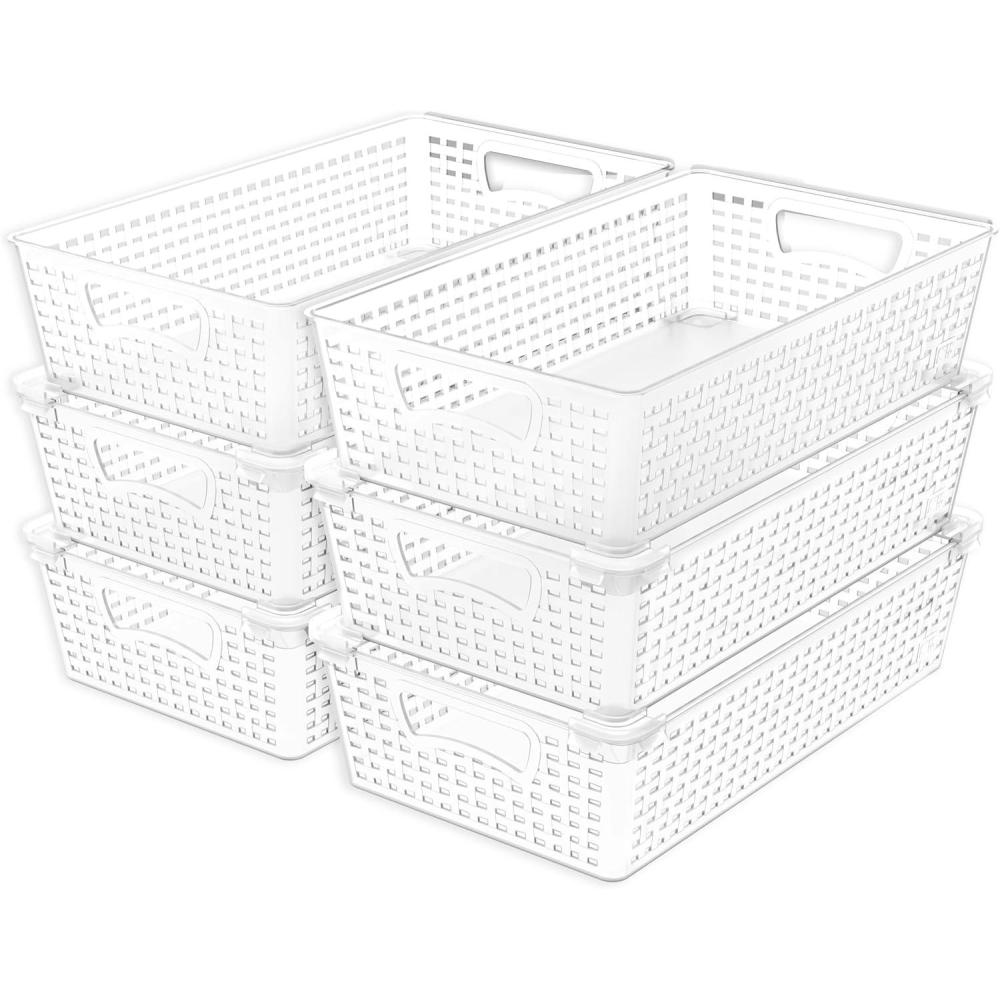 imageSimple Houseware Plastic Stackable Storage Basket Pantry Organizer 6 Pack 145quot x 85quot x 35quot WhiteClear