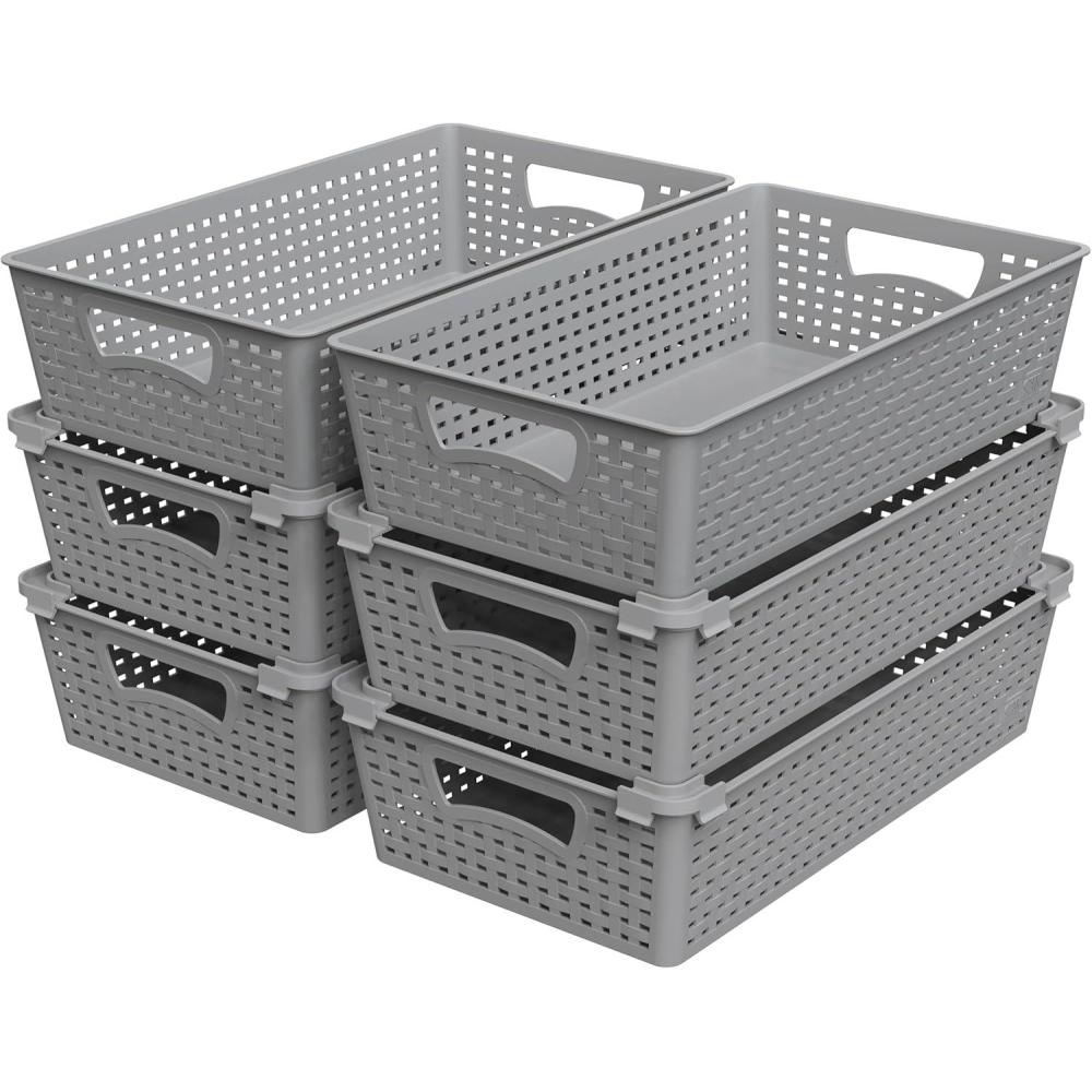 imageSimple Houseware Plastic Stackable Storage Basket Pantry Organizer 6 Pack 145quot x 85quot x 35quot WhiteGrey