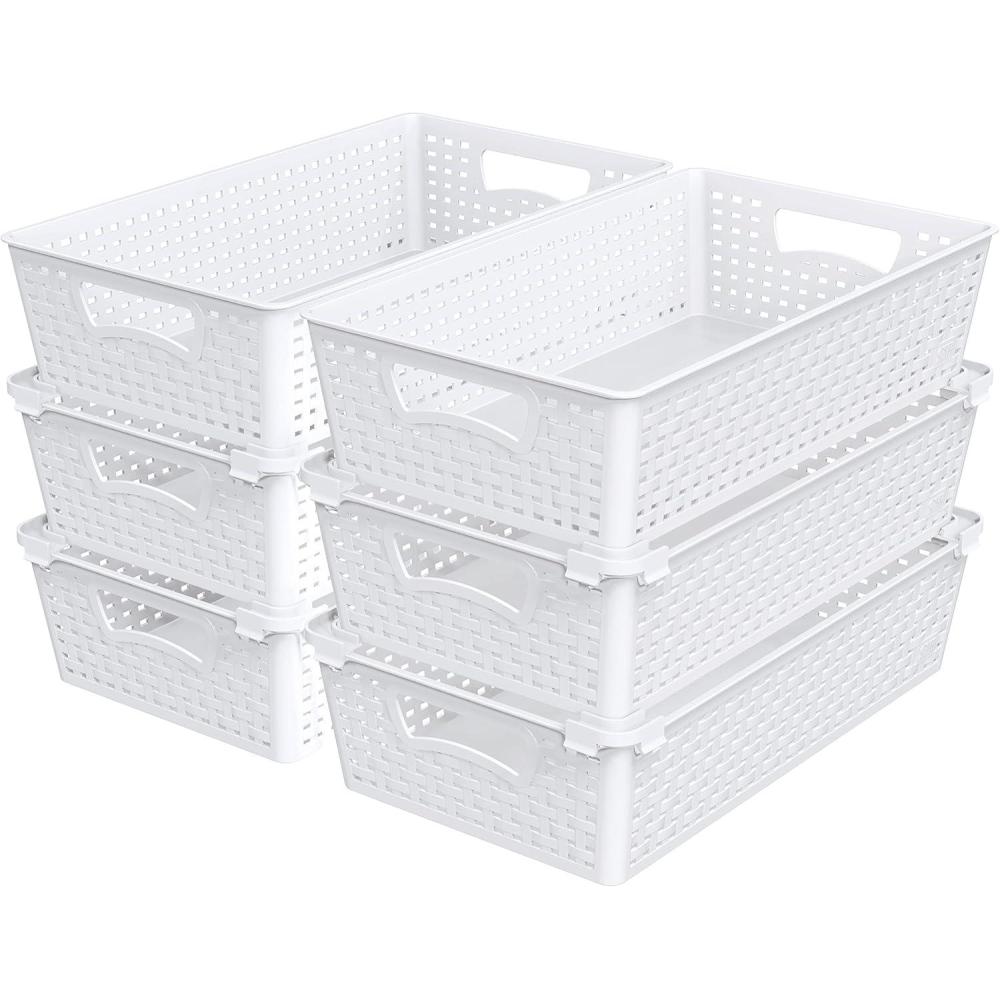 imageSimple Houseware Plastic Stackable Storage Basket Pantry Organizer 6 Pack 145quot x 85quot x 35quot WhiteWhite
