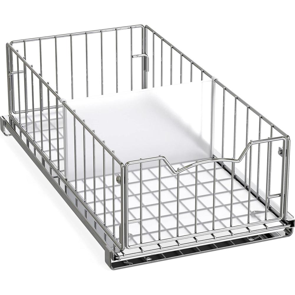 imageSimple Houseware PullOut Cabinet Sliding Basket Organizer 172quot D x 97quot W x 5quot H  White Ideal for Kitchen and Bathroom Cabinet Storage Under Sink or Pantry OrganizationChrome