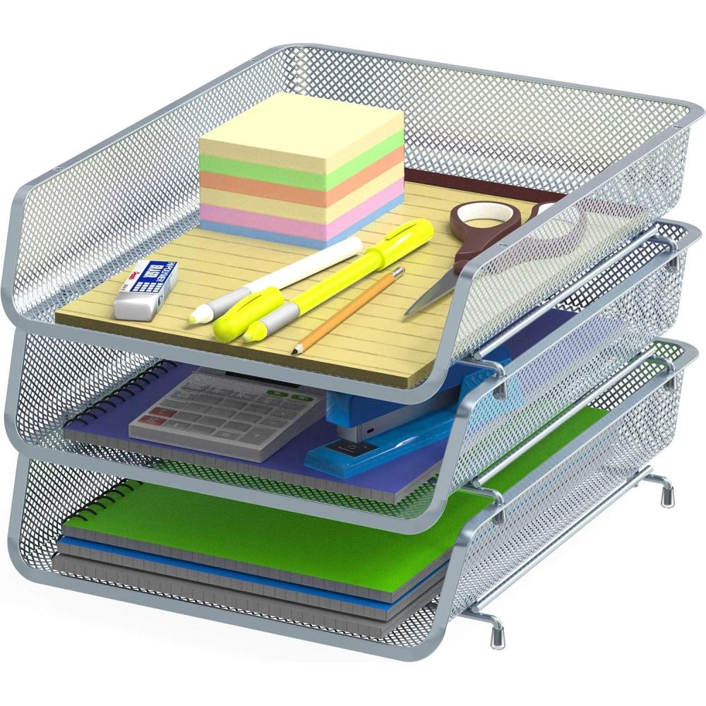 imageSimple Houseware Stackable Desk File Document Letter Tray Organizer 3 Packs BlackSilver