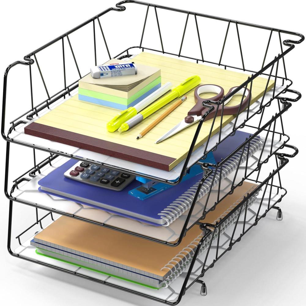 imageSimple Houseware Stackable Desk File Document Letter Tray with Liner Wire Grid 3 Packs BlackBlack