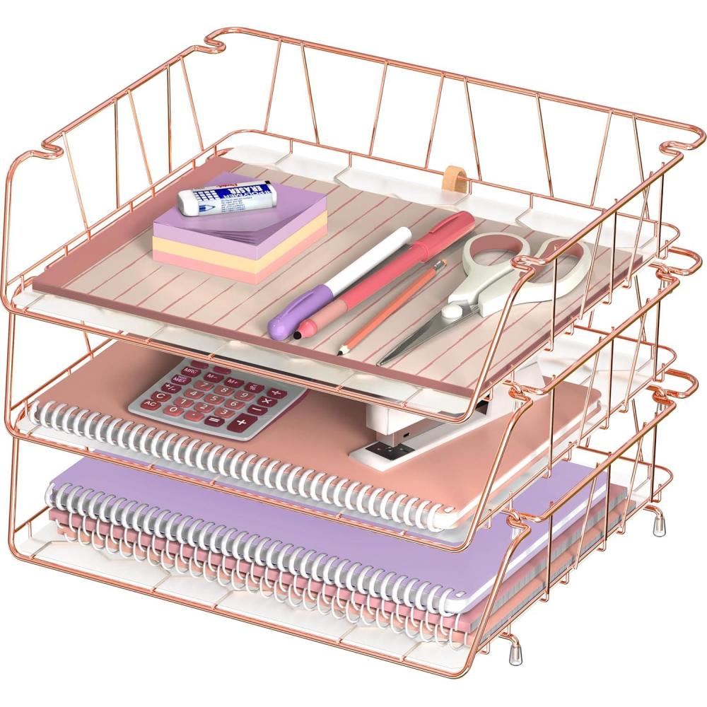 imageSimple Houseware Stackable Desk File Document Letter Tray with Liner Wire Grid 3 Packs BlackRose Gold