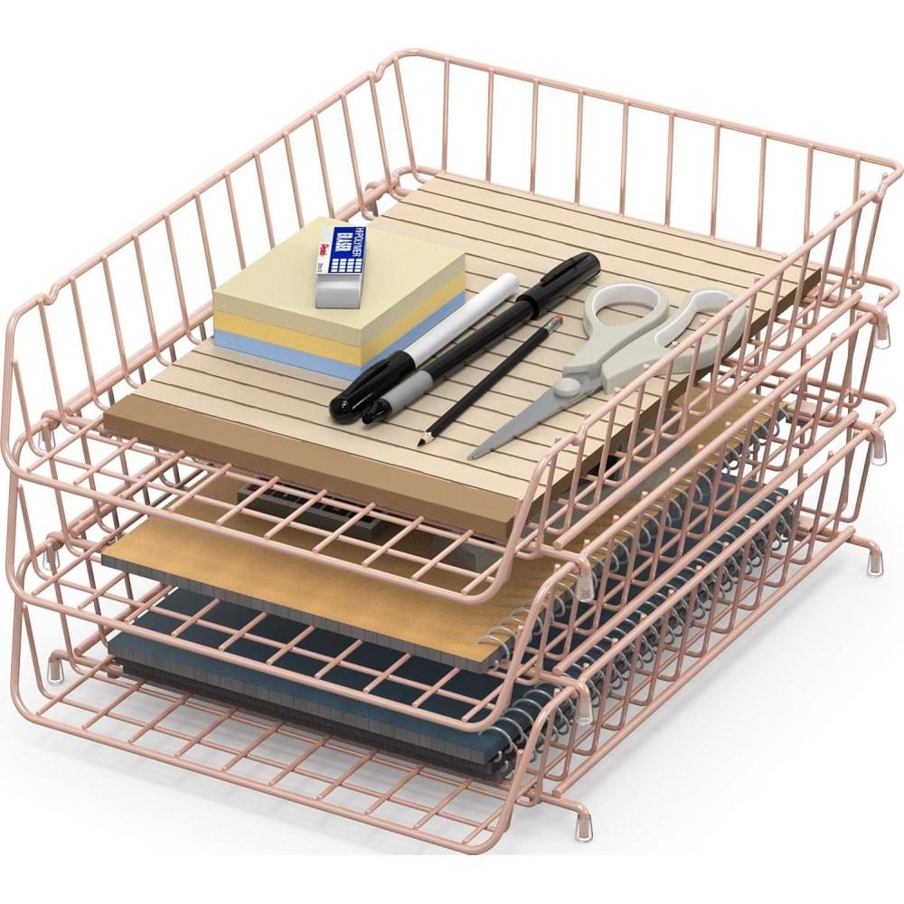 imageSimple Houseware Stackable Desk File Document Letter Tray with Liner Wire Grid 3 Packs BlackRose Pink