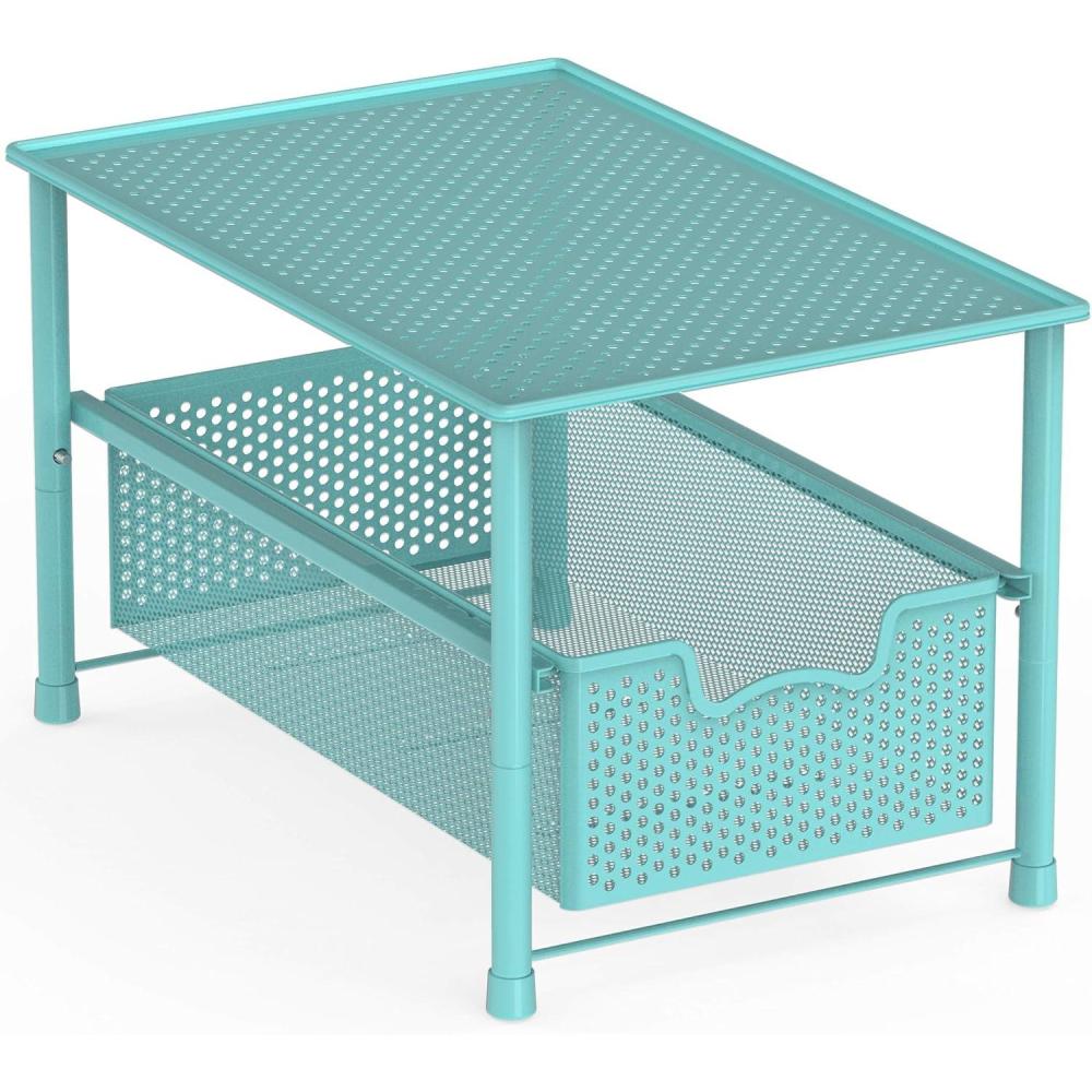 imageSimple Houseware Stackable Under Sink Cabinet Sliding Basket Organizer Drawer WhiteTurquoise