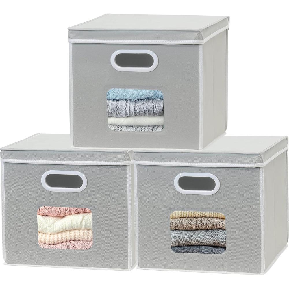 imageSimple Houseware Storage Bin with Clear Window Handles and Lid 3 Pack GreyGray