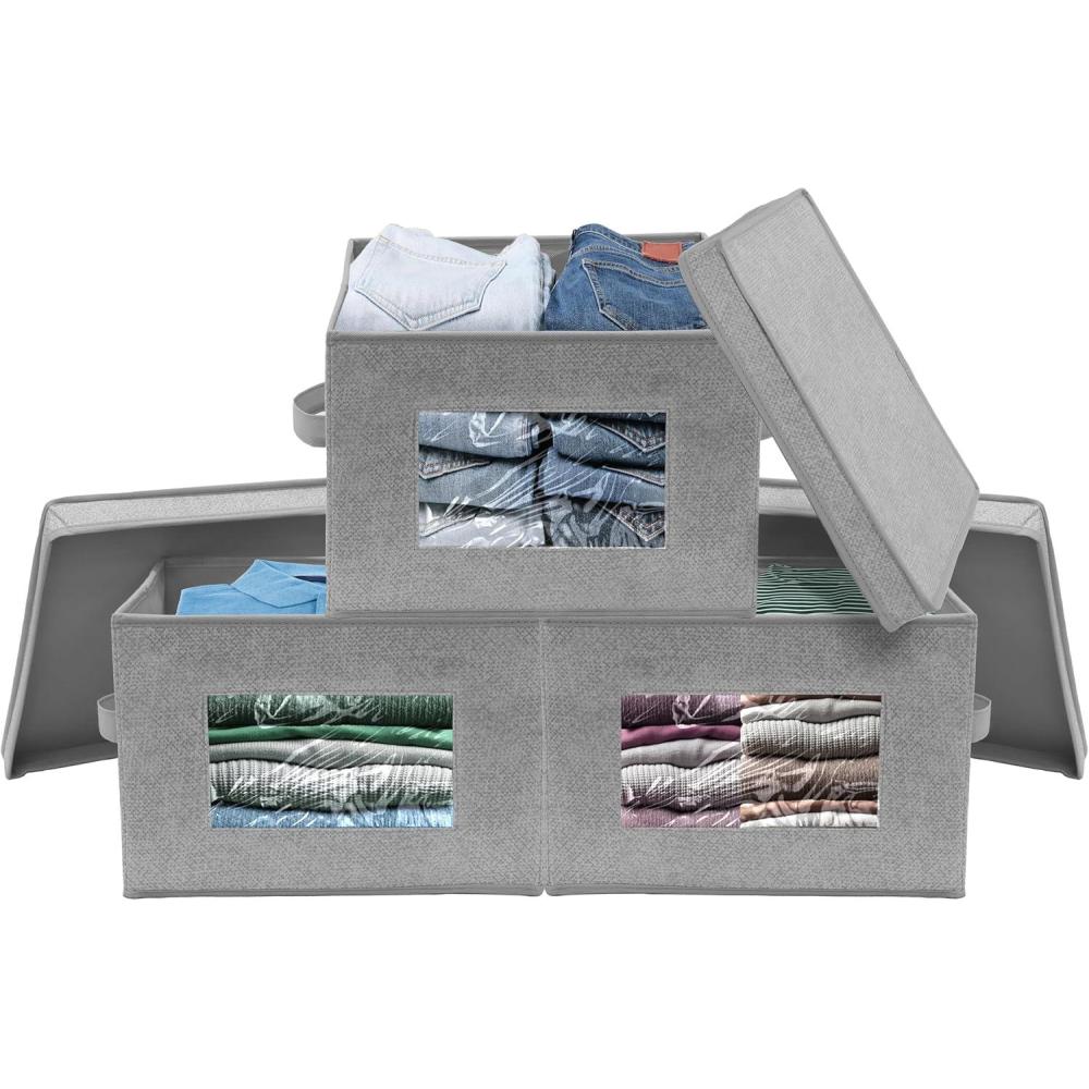 imageSimple Houseware Storage Bin with Clear Window Handles and Lid 3 Pack GreyGrey