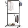Simple Houseware Double Rod Garment Rack with Wheels and Hooks, Black