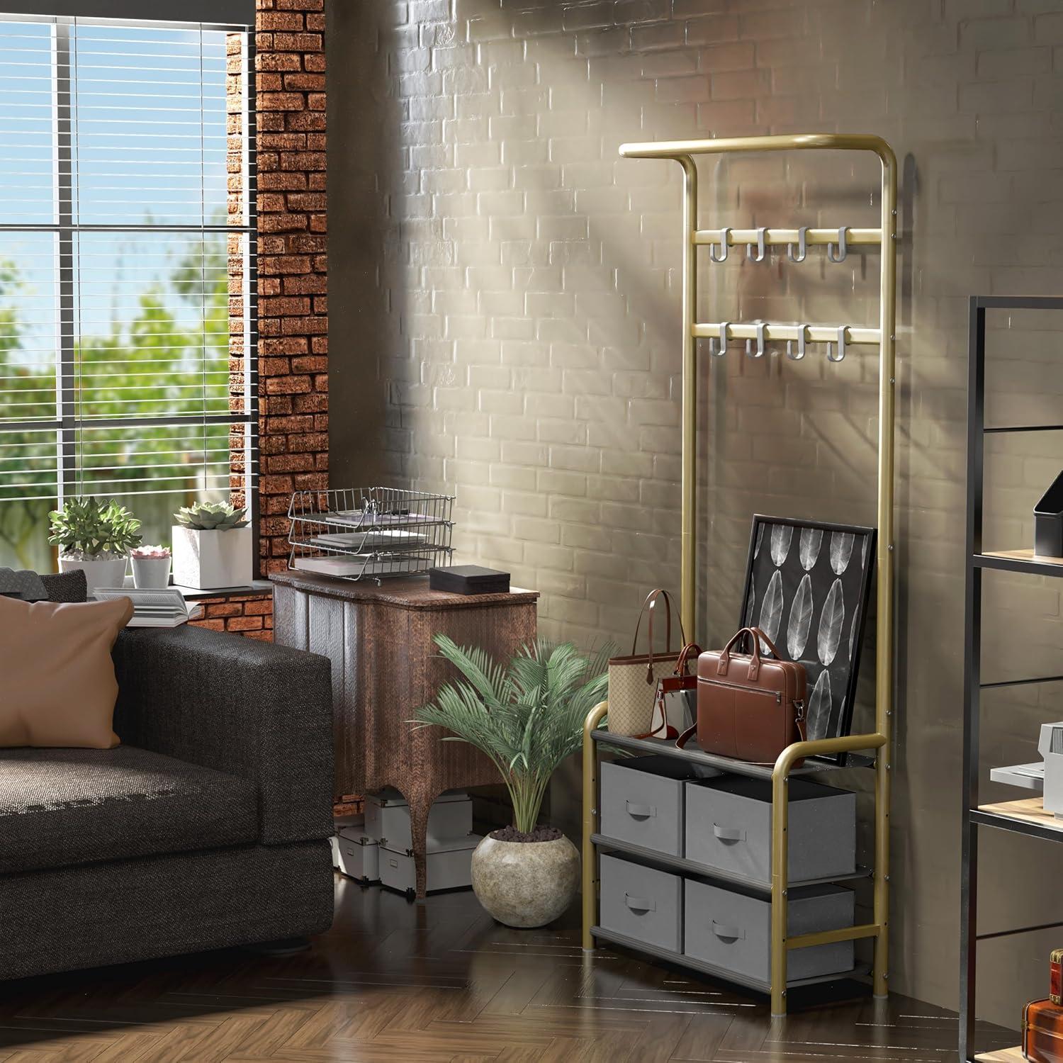 imageSIMPLE HOUSEWARE Coat Rack with Storage Shelf Freestanding Hall Tree with Hooks for Entryway Bedroom Office Black Metal Clothes Hanger Stand for Coats Hats Jackets Bags BlackChampagne Gold