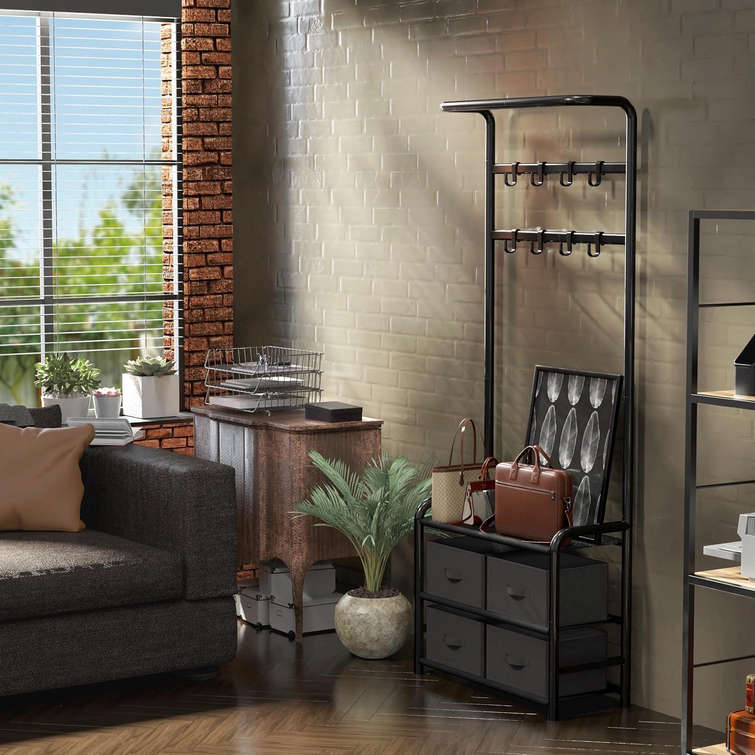 imageSIMPLE HOUSEWARE Coat Rack with Storage Shelf Freestanding Hall Tree with Hooks for Entryway Bedroom Office Black Metal Clothes Hanger Stand for Coats Hats Jackets Bags BlackBlack