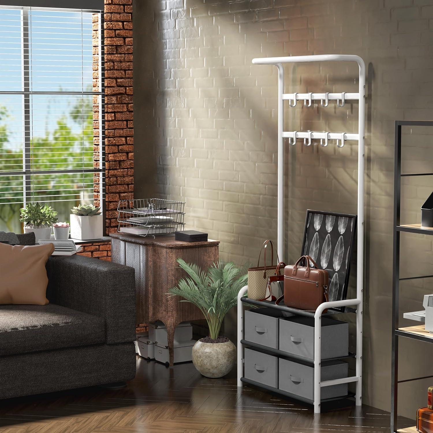 imageSIMPLE HOUSEWARE Coat Rack with Storage Shelf Freestanding Hall Tree with Hooks for Entryway Bedroom Office Black Metal Clothes Hanger Stand for Coats Hats Jackets Bags BlackWhite