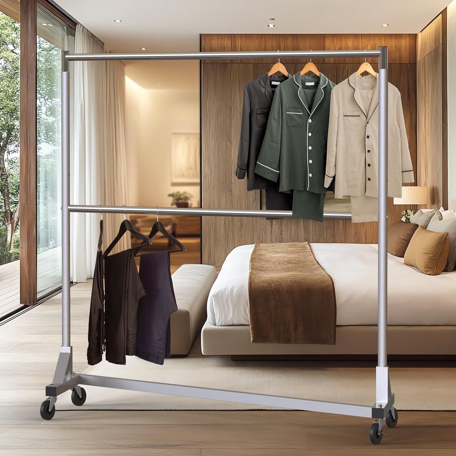 imageSimple Houseware Commercial Grade ZBase Double Rod Garment Rack 600lb Load 63 inch Silver