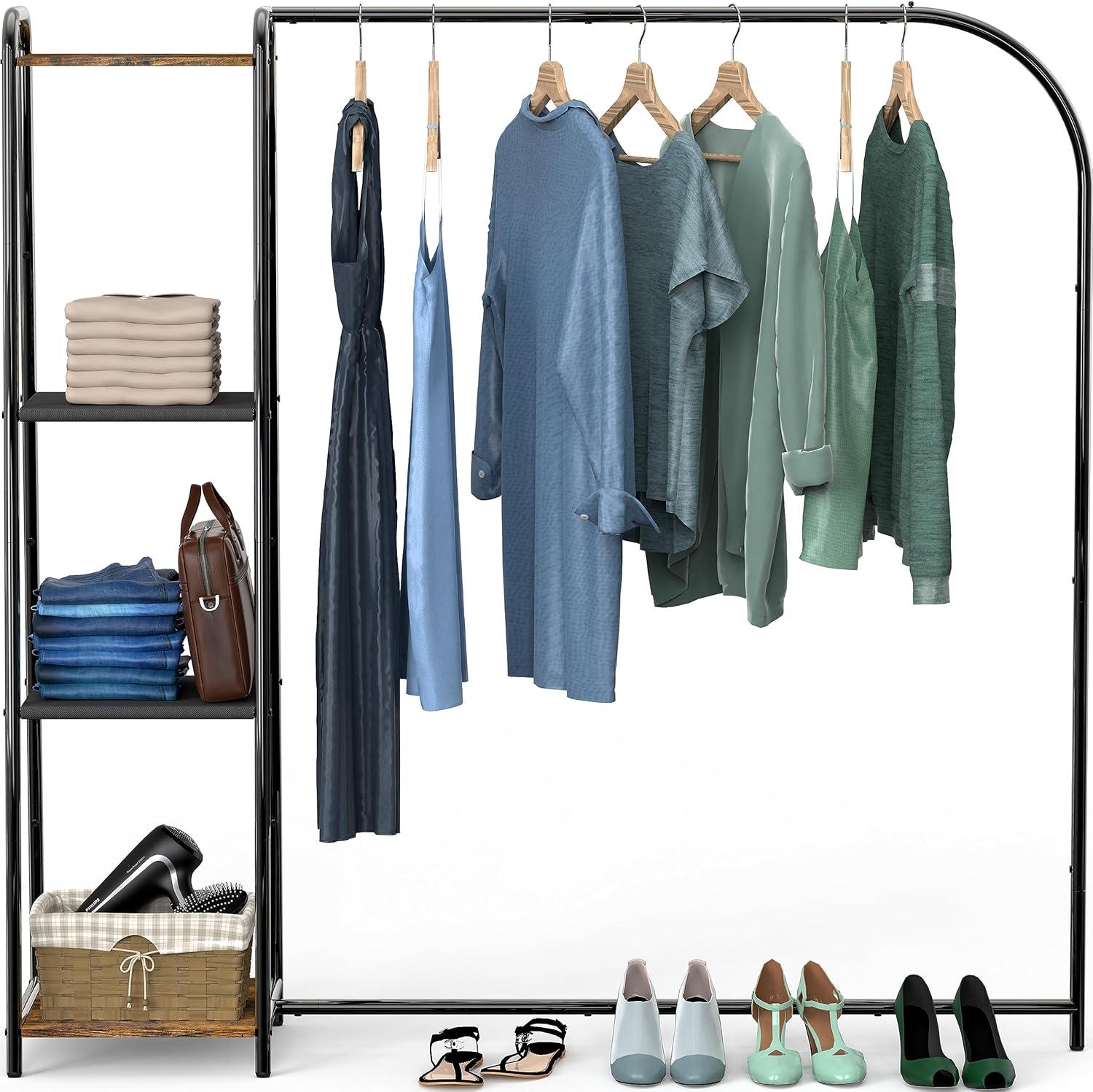 imageSimple Houseware Heavy Duty Clothing Garment Rack with 4 Shelves Portable Closet Organizer for Hanging Clothes Black