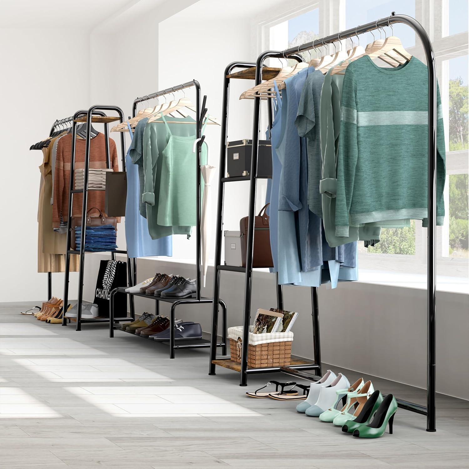 imageSimple Houseware Heavy Duty Clothing Garment Rack with 4 Shelves Portable Closet Organizer for Hanging Clothes Black