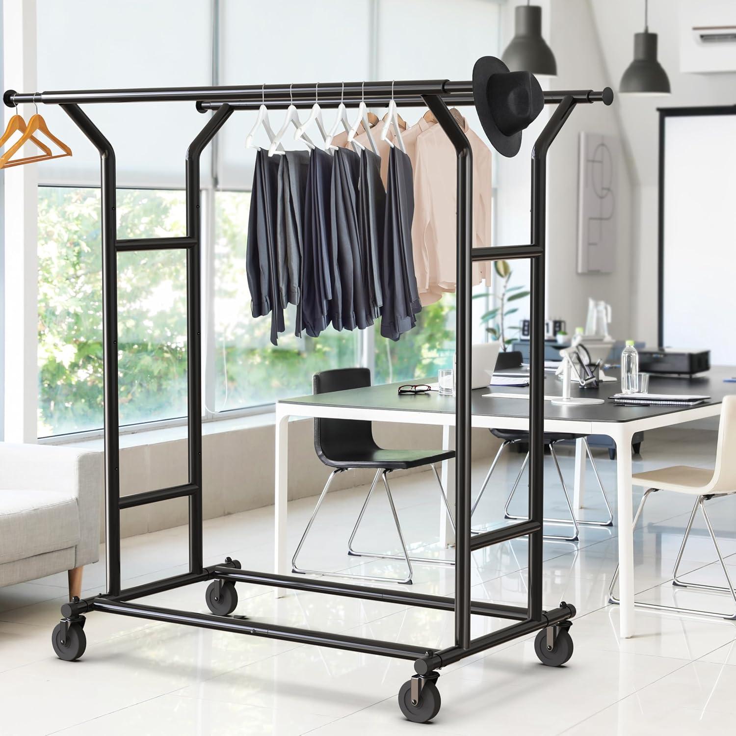 imageSimple Houseware Heavy Duty Double Rail Clothing Garment Rack Holds Up to 200 lbs 43 to 67 Inches Extendable Rod ChromeBlack