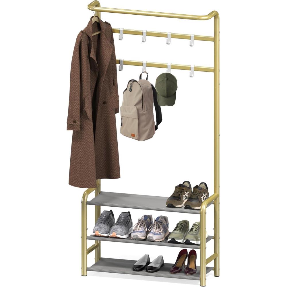 imageSIMPLE HOUSEWARE Coat Rack with Storage Shelf Freestanding Hall Tree with Hooks for Entryway Bedroom Office Black Metal Clothes Hanger Stand for Coats Hats Jackets Bags BlackChampagne Gold