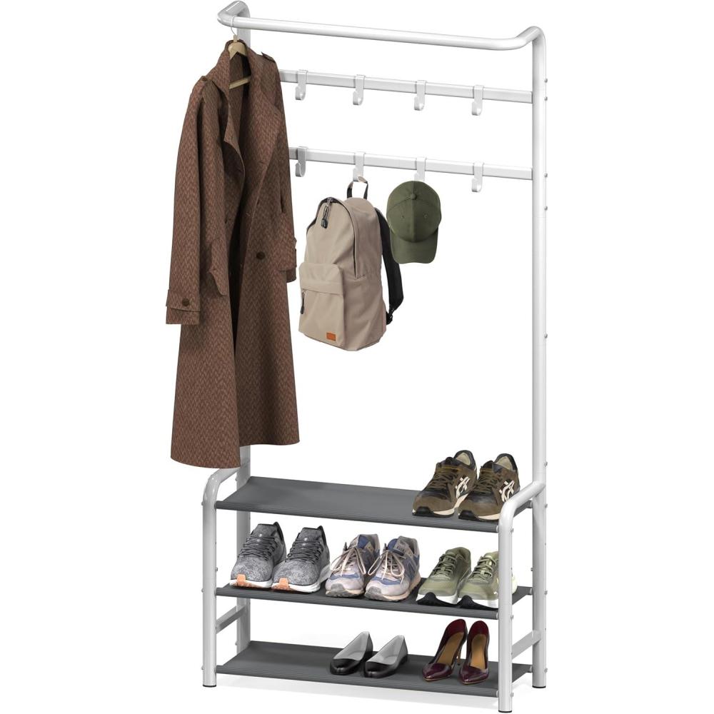 imageSIMPLE HOUSEWARE Coat Rack with Storage Shelf Freestanding Hall Tree with Hooks for Entryway Bedroom Office Black Metal Clothes Hanger Stand for Coats Hats Jackets Bags BlackWhite