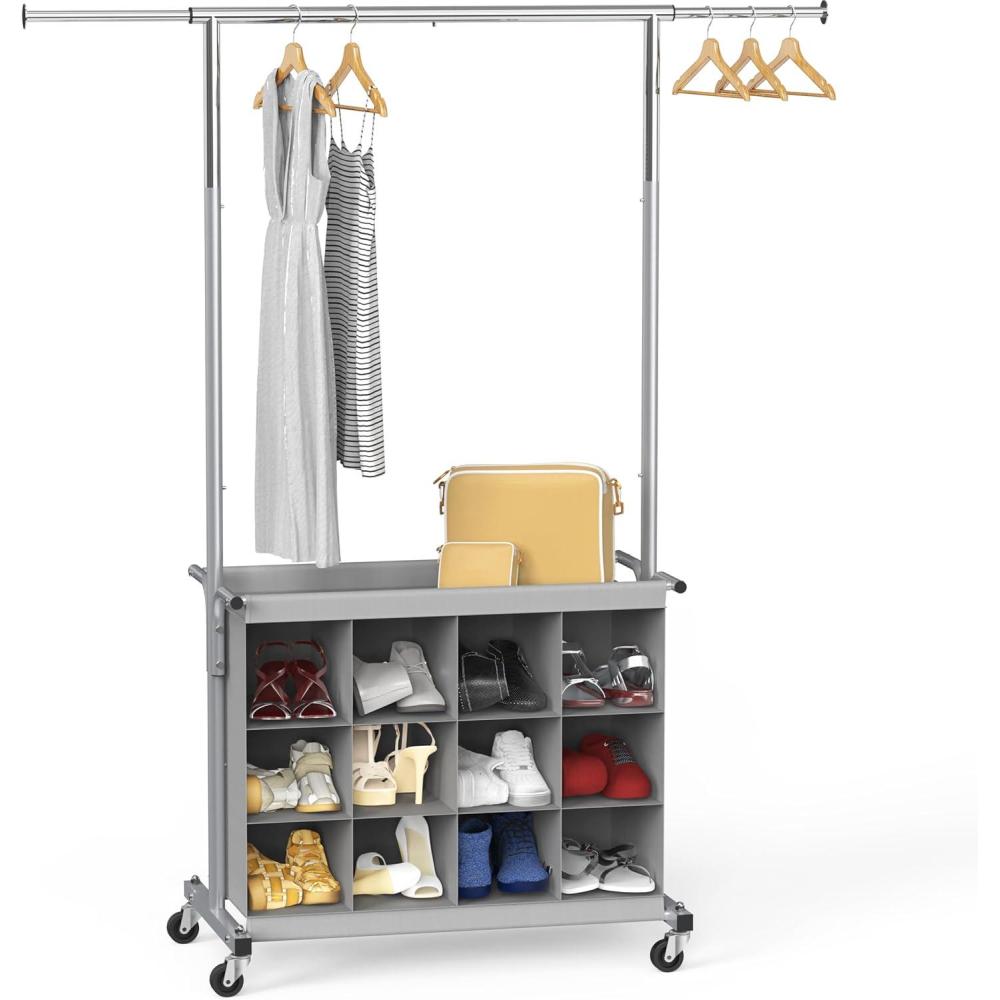 imageSIMPLE HOUSEWARE Garment Rack with Extensible Haning Rod and 16 Shoes Organizer Grey