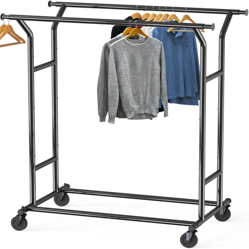 imageSimple Houseware Heavy Duty Double Rail Clothing Garment Rack Holds Up to 200 lbs 43 to 67 Inches Extendable Rod ChromeBlack