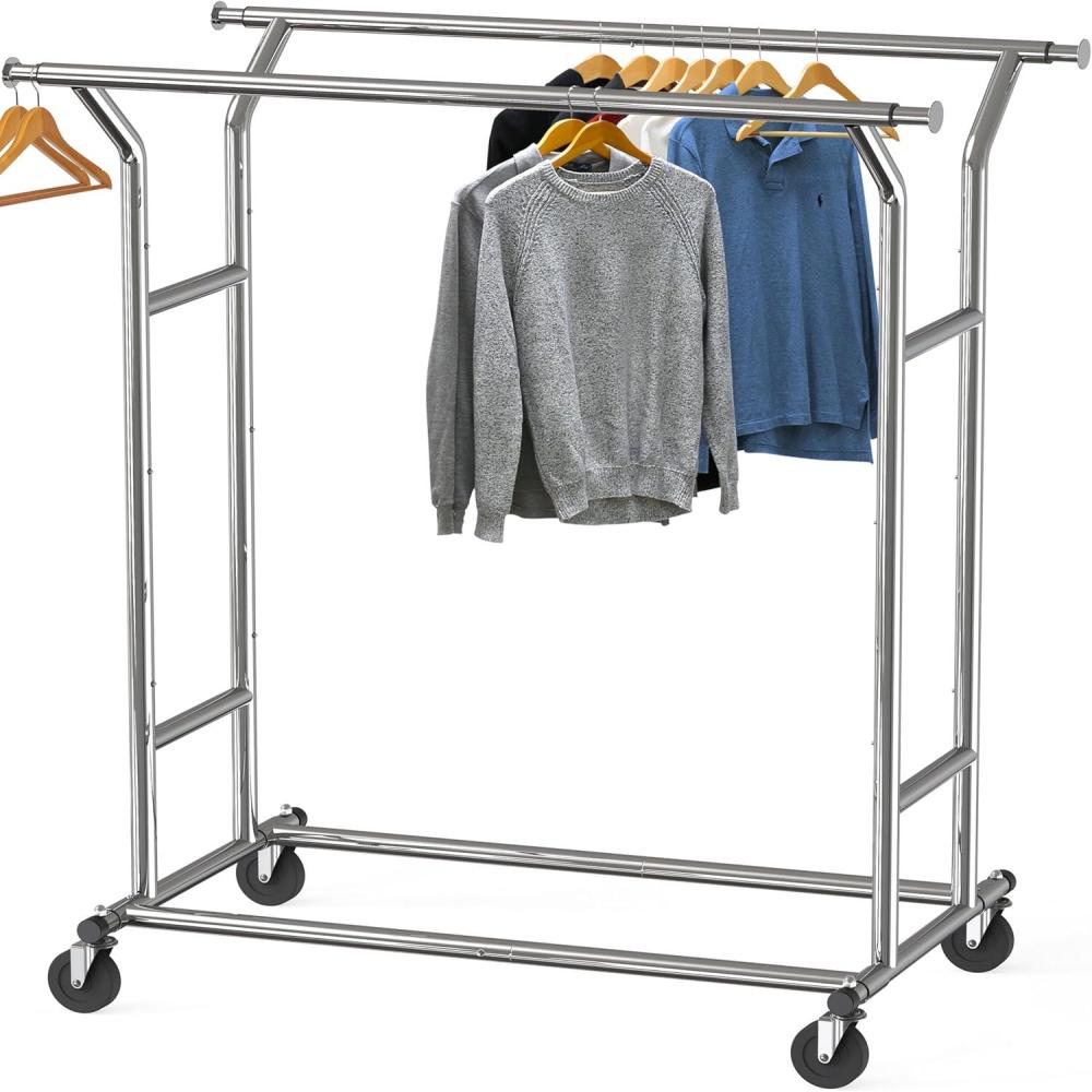 imageSimple Houseware Heavy Duty Double Rail Clothing Garment Rack Holds Up to 200 lbs 43 to 67 Inches Extendable Rod ChromeChrome