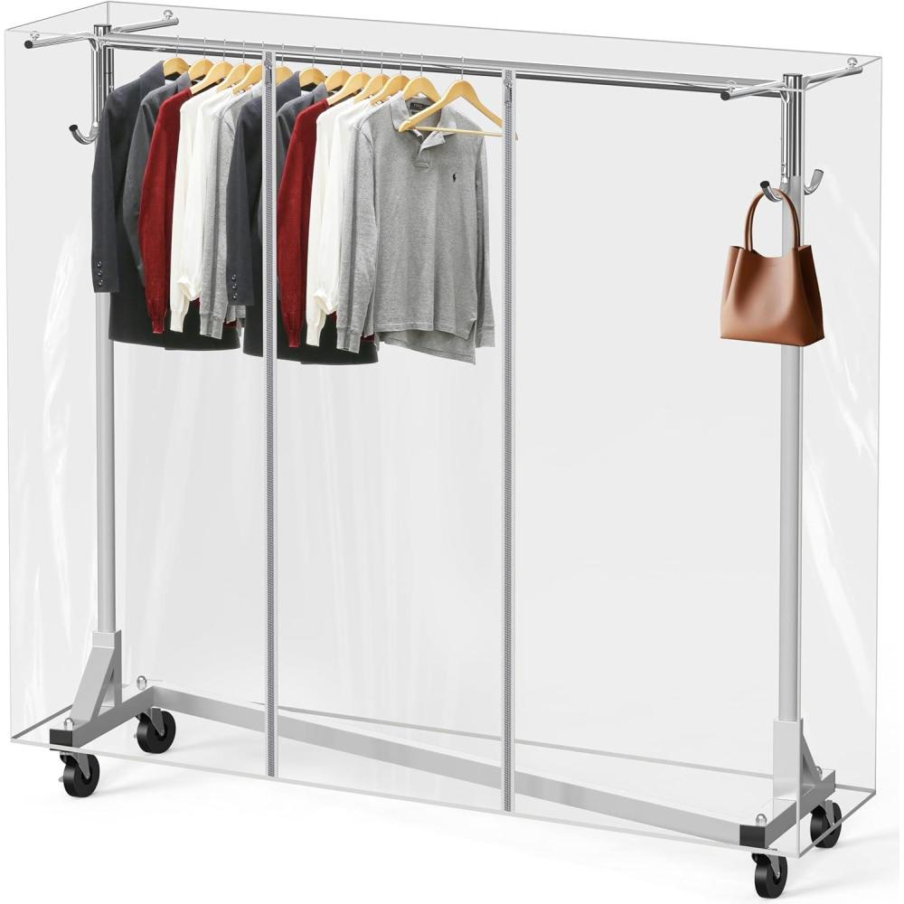 imageSimple Houseware Industrial Grade ZBase Garment Rack 500lb Load with 62quot Extra Long bar wClear Cover and Tube Bracket