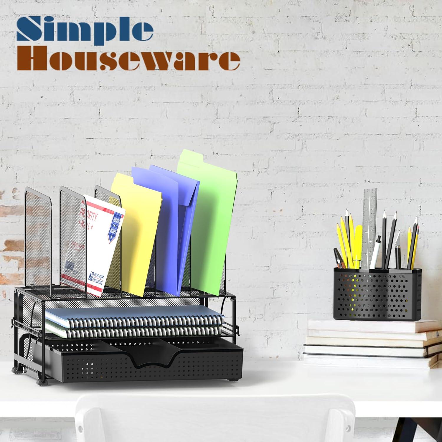 imageSimple Houseware Mesh Desk Organizer with Sliding Drawer Double Tray and 5 Upright Sections SilverBlack