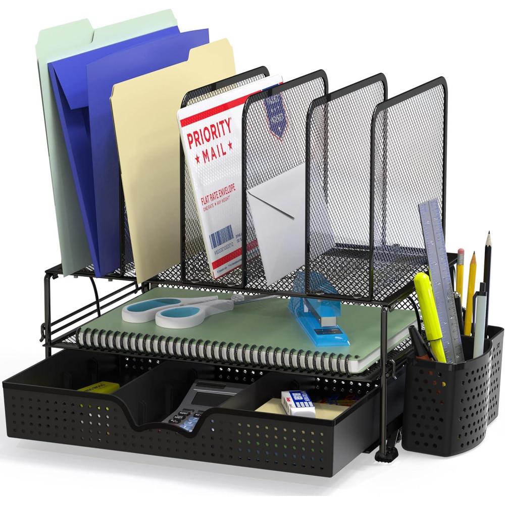 imageSimple Houseware Mesh Desk Organizer with Sliding Drawer Double Tray and 5 Upright Sections SilverBlack
