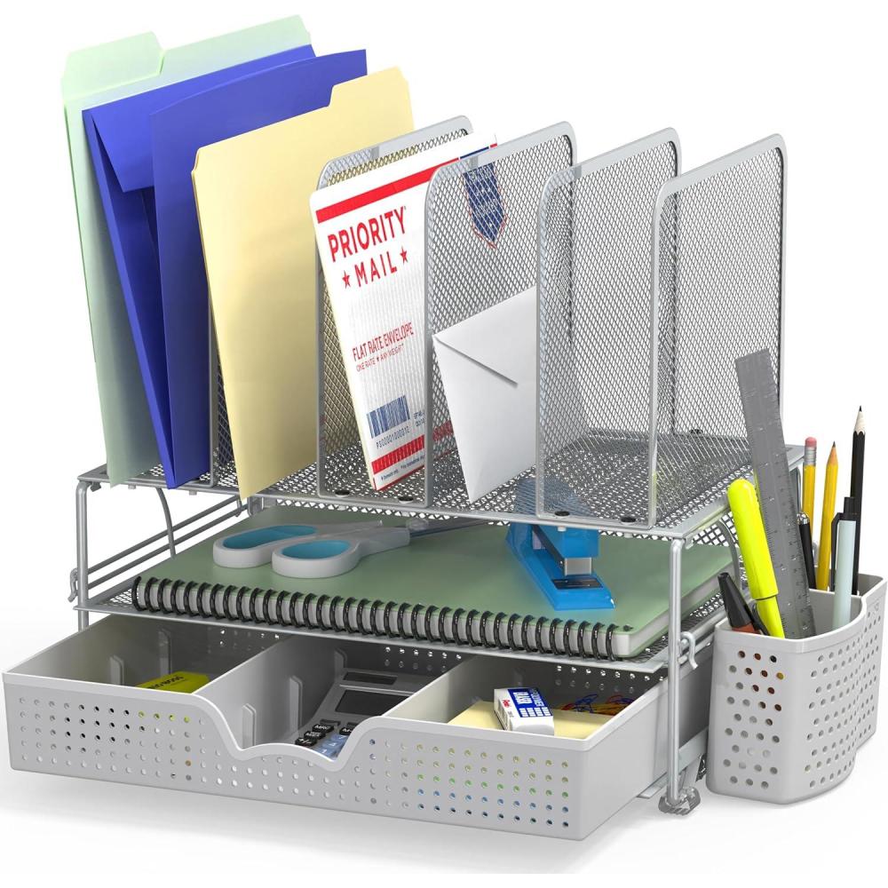 imageSimple Houseware Mesh Desk Organizer with Sliding Drawer Double Tray and 5 Upright Sections SilverSilver
