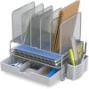 Simple Houseware Mesh Desk Organizer with Sliding Drawer, Double Tray and 5 Upright Sections, Silver(Silver)