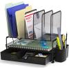 Simple Houseware Mesh Desk Organizer with Sliding Drawer, Double Tray and 5 Upright Sections, Silver(Black)